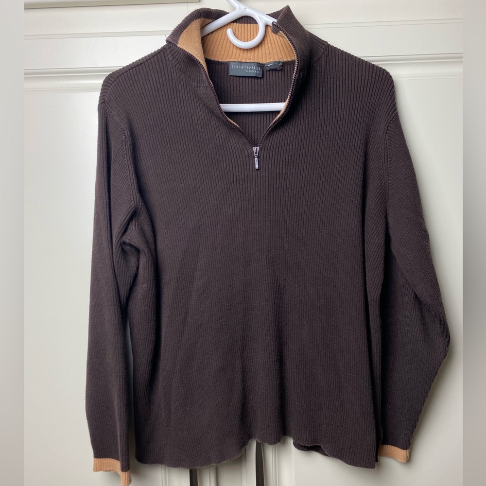 Relativity,Brown 1/4 zip Women’s sweater w/tan accents , PTP 23” x 23-24” length